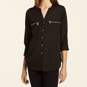 CALVIN KLEIN XS Extra Small NEW Mandarin Collar Blouse Black Gold Long Sleeve